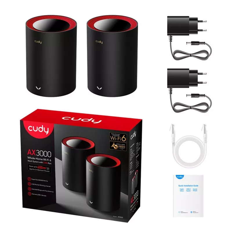 Cudy M3000 2-Pack Kahesageduslik (2,4 GHz / 5 GHz) Wi-Fi 6 (802.11ax) Must, Punane 1 Sisemine