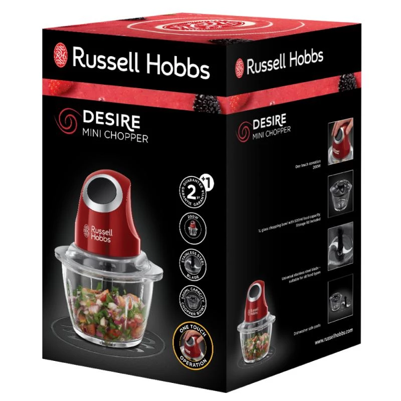 Elektriline köögihakkija Russell Hobbs 24660-56 — 1 L klaaskann, 200 W, punane