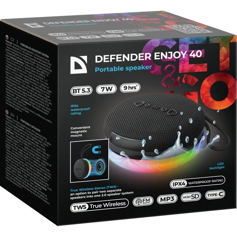 Kaasaskantav Bluetooth-kõlar DEFENDER ENJOY 40 — 7 W RMS, Bluetooth 5.3, LED-valgustus, LiPo aku, 9 h, must