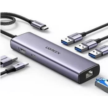 Ugreen 15598 USB 3.2 Gen 1 USB-C jaotur HDMI RJ-45 USB 3.0 Hõbedane