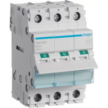 Hager SBN380. Nimivool: 80 A, Pooli pinge (max): 440 V. Moodulite arv (max): 3 moodul(id). Laius: 52,5 mm, Sügavus: 68 mm, Kõrgus: 83 mm (SBN380)
