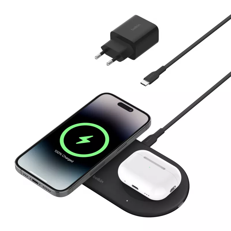 Belkin WIZ021VFBK – 2-in-1 juhtmevaba laadimispadi Qi2 tehnoloogiaga 15 W, must