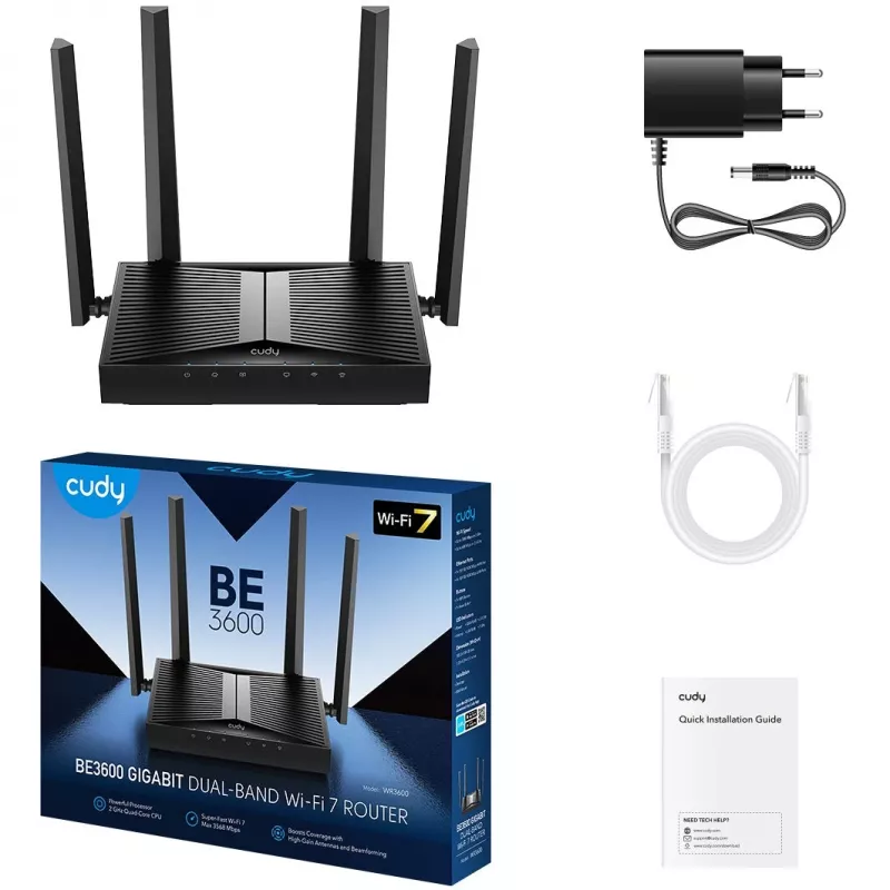 Lauapealne ruuter Cudy WR3600 kaheribaline Wi‑Fi 7 (802.11be), kuni 2882 Mbps, 4× Gigabit LAN, 1× WAN, must