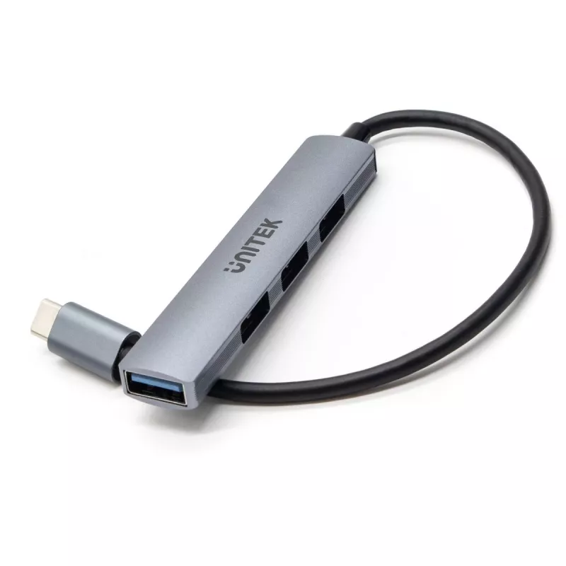 USB-C jaotur Unitek H1208B — 1x USB-A 5 Gbps, 3x USB-A 2.0, USB-C host, alumiiniumkorpus, 0,20 m kaabel