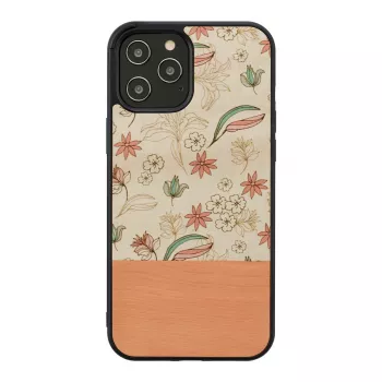 Mees ja puit kaitseümbris iPhone 12 Pro Maxile — roosa lill mustal