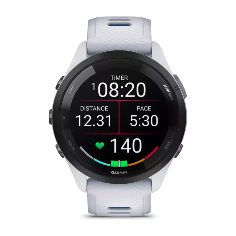 Nutikell GARMIN Forerunner 265 — 46 mm GFRP korpus, AMOLED 1.3 tolli, GPS/GLONASS/Galileo, 15-päevane aku, 5 ATM, silikoonist rihm