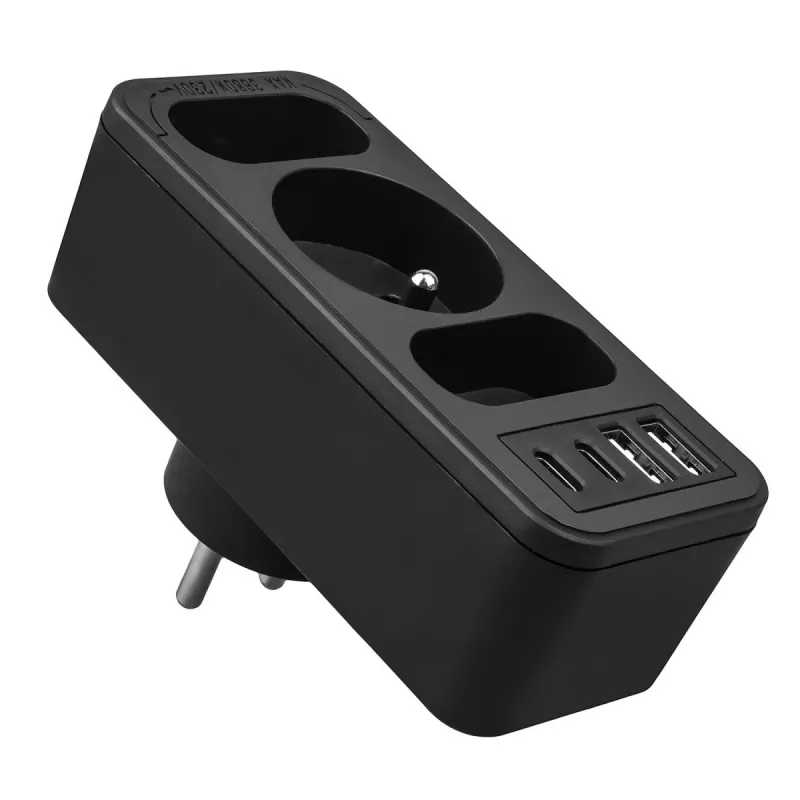 Toitejaotur MACLEAN MCE248 F/B — 3 vahelduvvoolu pesa (1x16A, 2x6A) ja 4 USB-porti (2xUSB‑A, 2xUSB‑C PD 20W), EL-pistik, must