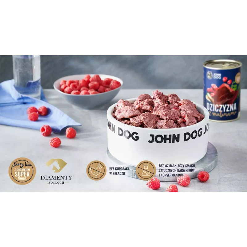 JOHN DOG Berry Line täiskasvanud koertele metsloomaliha ja vaarikatega märg koeratoit, 800 g