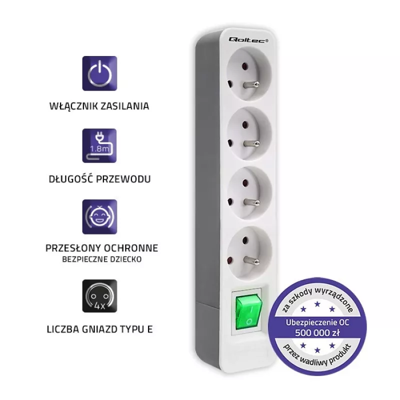 Qoltec 50288 toitepikendus 1,8 m 4 vahelduvvoolupistikupesa siseruumidesse valge