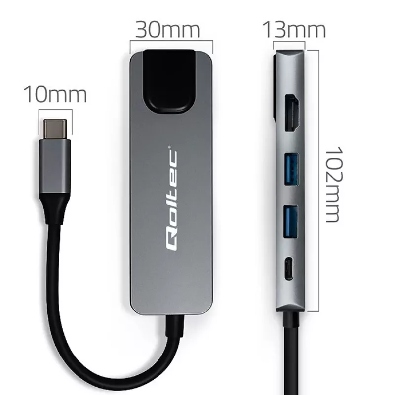 USB-C jaotur QOLTEC 53795 5‑in‑1 100W PD, 2×USB-A, HDMI 4K, RJ45