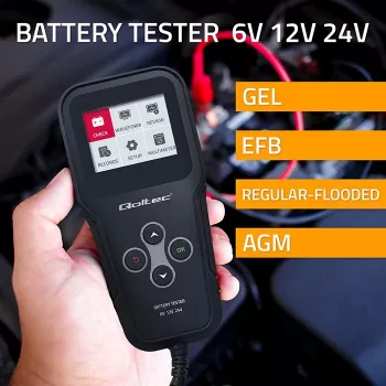 Qoltec 52489 Digitaalne aku analüsaator tester 3-in-1 LCD-ekraani ja mitmekeelse liidesega 6V | 12V | 24V | 30Ah-200Ah