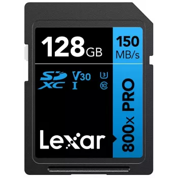 SDXC-mälukaart Lexar 128 GB UHS-I 800xPRO Klass 10 U3 V30 — 150 MB/s lugemine, 45 MB/s kirjutamine, must