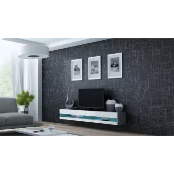 TV-alus Cama Meble VIGO NEW 30/140/40 — 1400×400×300 mm, hall pealispind, puitlaastplaat, hall raam, valged läikivad esipaneelid