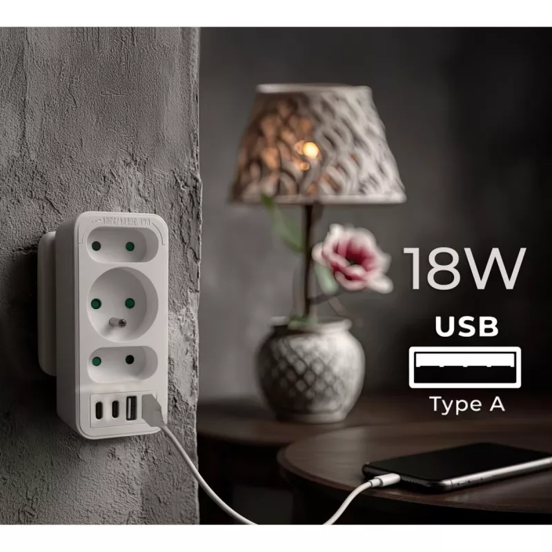 Toitepistikupesade jagaja MACLEAN MCE248 F/W — 3 vahelduvvoolu pistikupesa (1×16A, 2×6A) + 4×USB (2×A, 2×C PD 20W), EL-pistik, valge