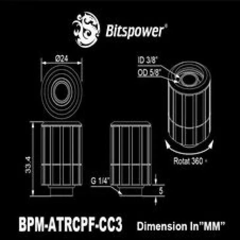 BitsPower sirge liitmik G1/4 isane 16/10 mm pöördliitega — mattmust