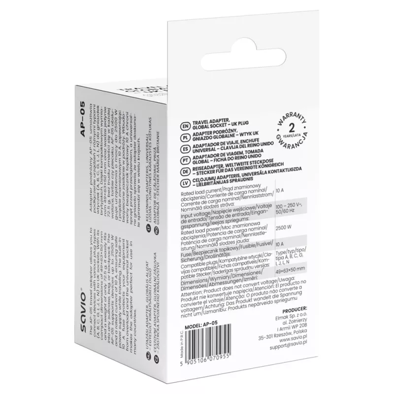 Savio AP-05 toiteadapter/muundur Siseruumides 2500 W Valge