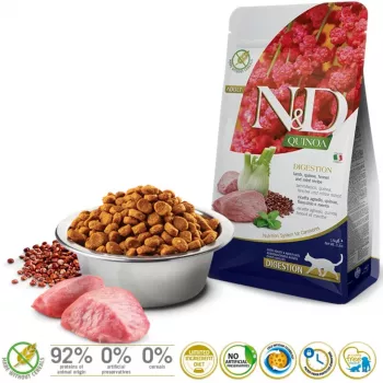 Kuiv kassitoit Farmina N&D Quinoa Adult Lamb 1,5 kg — Lambaliha, 33% valku, 21,5% rasva, gluteeni- ja sojavaba