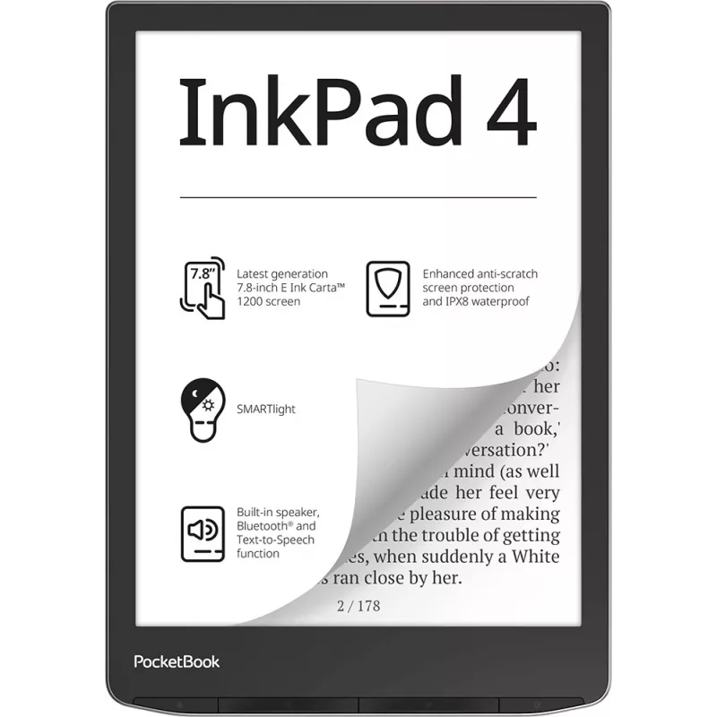E-raamatulugeja PocketBook InkPad 4 7,8-tolline E Ink Carta, 32 GB, Wi‑Fi, must/hõbedane