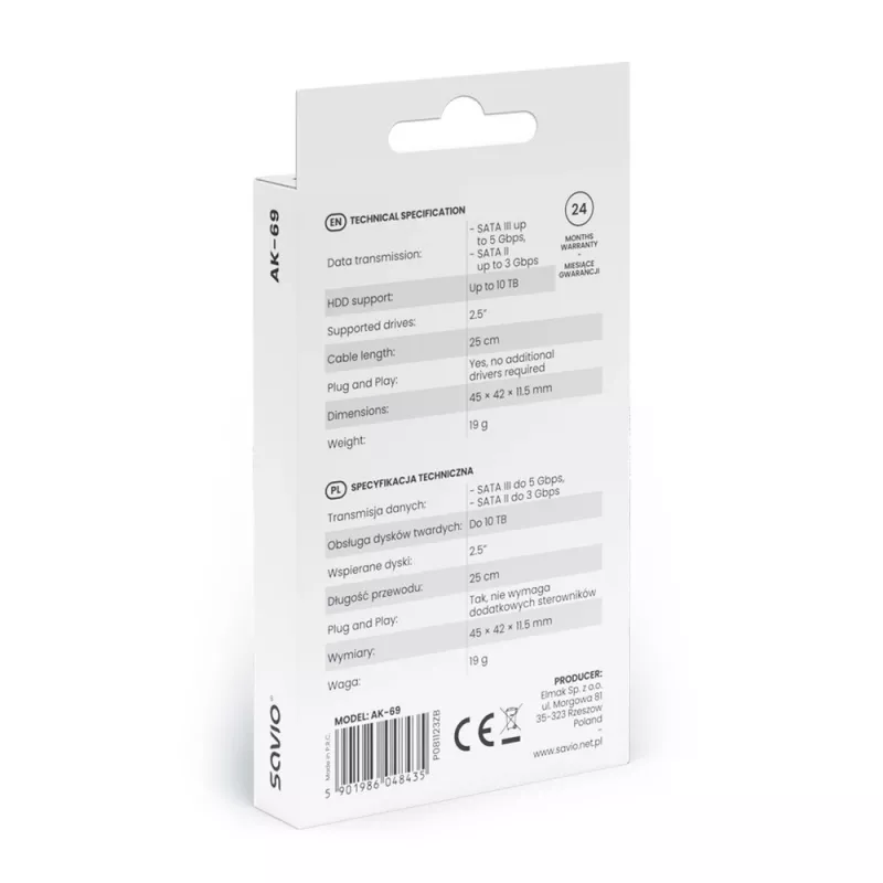 SAVIO SATA–USB-C liidesekaabel AK-69, SATA-emane–USB-C-isane, USB 3.2 Gen 1 (5 Gbit/s), 0,25 m, must