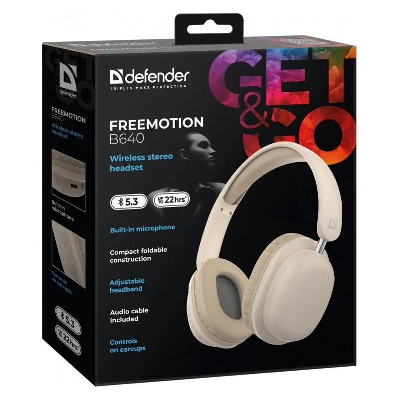 Juhtmevabad kõrvapealsed kõrvaklapid DEFENDER EEMOTION B640 BEEŽ — binauraalsed, suletud akustikaga, USB-C, AUX, 20–20000 Hz, 105 dB