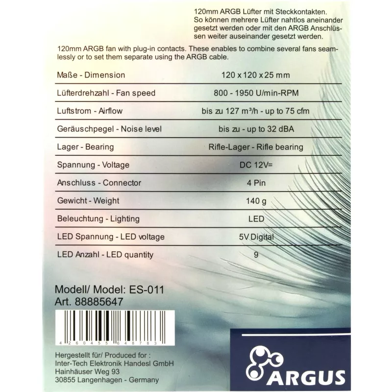 Arvutikorpuse ventilaator INTER-TECH ES-011, 120 mm, must, 1 tk