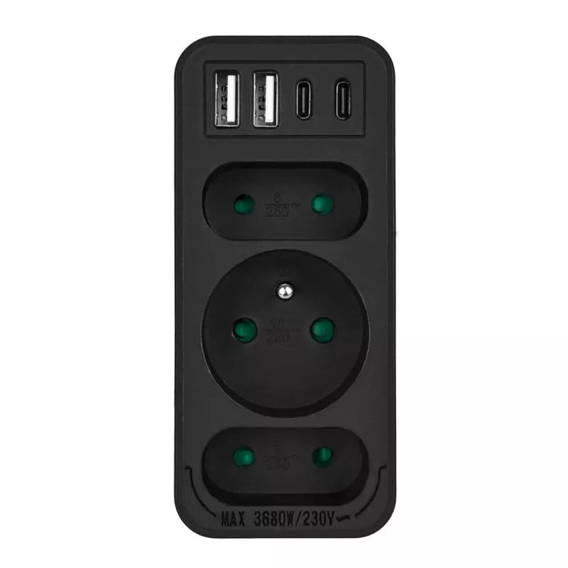 Toitejaotur MACLEAN MCE248 F/B — 3 vahelduvvoolu pesa (1x16A, 2x6A) ja 4 USB-porti (2xUSB‑A, 2xUSB‑C PD 20W), EL-pistik, must