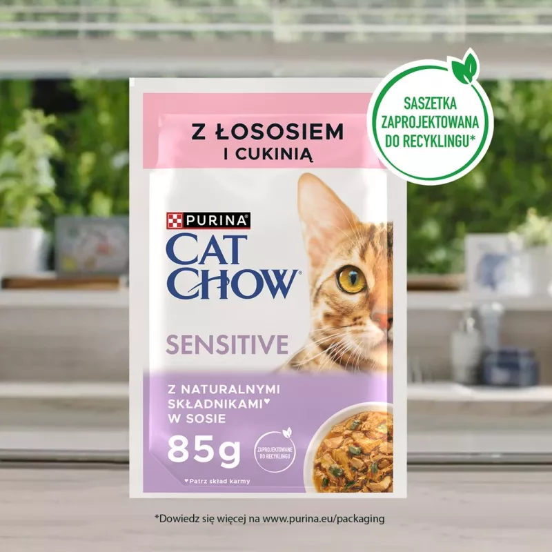 Purina Cat Chow Sensitive Gig lõhe ja suvikõrvitsaga kastmes - märgtoit kassidele - 85 g