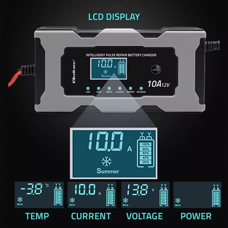 Laadija QOLTEC 52493 12V 10A AGM-akude parandusfunktsiooniga