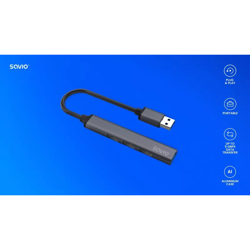 USB-hub SAVIO AK-70, 7-port USB 3.0, 4 kasutatavat porti, USB Type-A host, 5 Gbit/s edastuskiirus, garantii 2 aastat