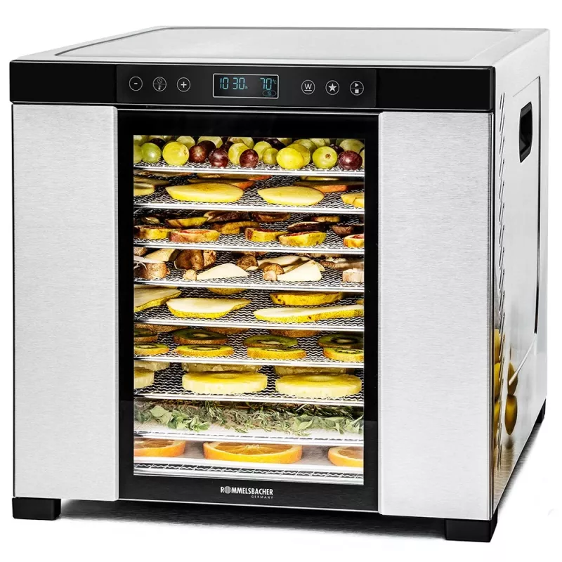 Toidukuivati Rommelsbacher DA1050, roostevaba teras, 5-aluseline (10 roostevabast terasest alust), reguleeritav 35–75 °C, 99 h taimer, 1,6 m² kuivatuspind