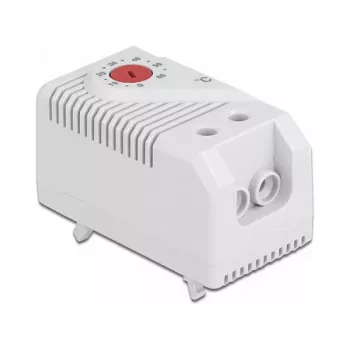 Termostaat DELOCK 66824, plastkorpus, IP20, 30 W, 250 V, 10 A, 43×60×33 mm, hall/punane
