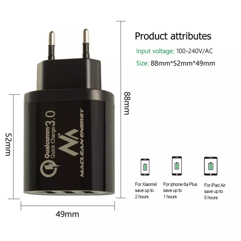 USB seinilaadija MACLEAN MCE479B — 3x USB-porti, 18W koguvõimsus, kompaktne