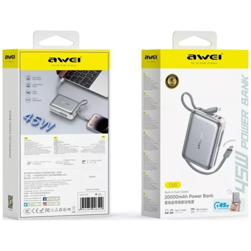 Portable power bank Awei C03 20000mAh with 45W output and integrated USB-A/USB-C kaabel