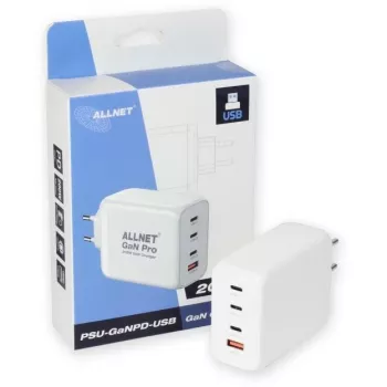 ALLNET toiteplokk PSU-GaNPD-USB-1A3C-200W — 200W GaN USB-laadija, 1× USB-A, 3× USB-C