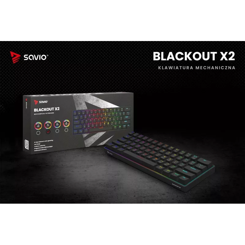 Mehaaniline mänguklaviatuur SAVIO MustOUT X2 BROWN 61-klahviga 60% USB QWERTY RGB Outemu Brown