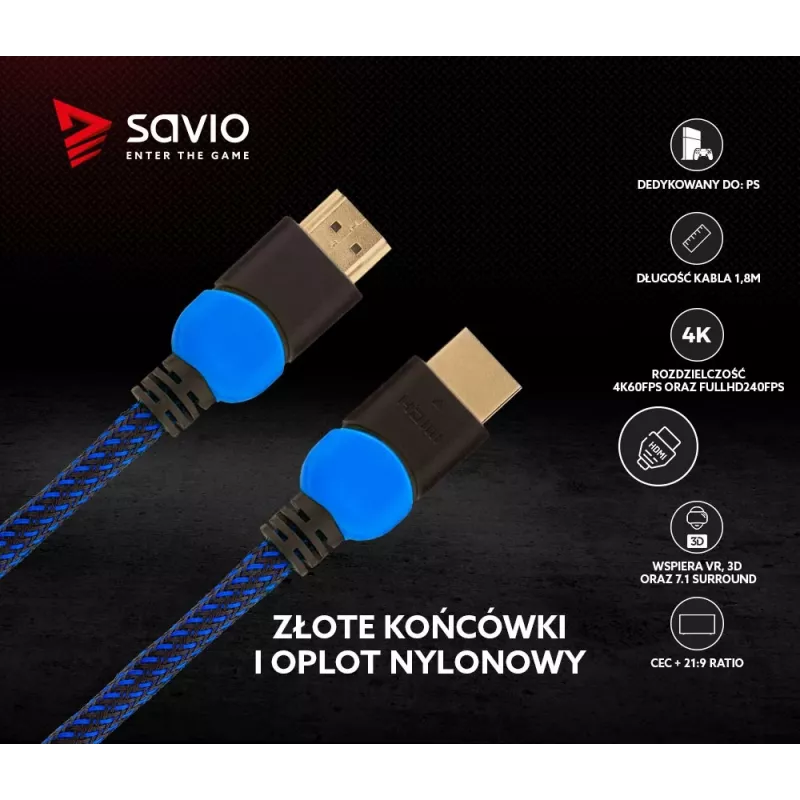 Savio GCL-02 HDMI-kaabel 1,8 m HDMI Type A (Standard) Must, Sinine