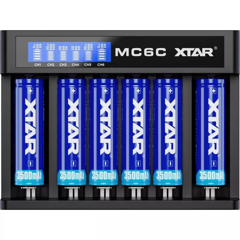 Akulaadija XTAR MC6C mitmepesaline nutilaadija silindrilistele liitium-ioon akudele, 6 pesa, toetab 18650/21700/AA, 5V sisend, must