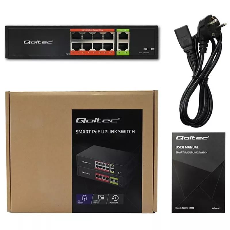 Võrgukommutaator QOLTEC FAST Ethernet PoE 8xRJ45 koos 2xRJ45 üleslingiga (mudel 52290)