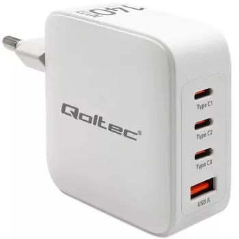Laadija QOLTEC 51828 140W GaN 3×USB‑C PD + 1×USB‑A QC 3.0 – mitme pordiga kiirlaadija