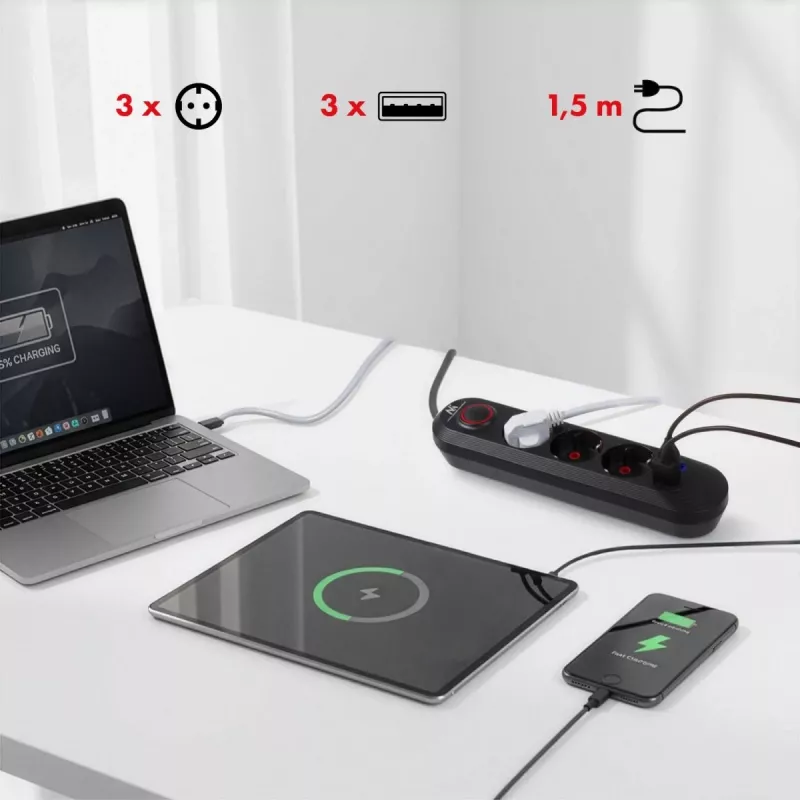 Pikendusjuhe MACLEAN MCE394 B — 3 pistikupesa + 3×USB A, 110–240V, 2,1A USB, 2500W, 1,5 m kaabel, must