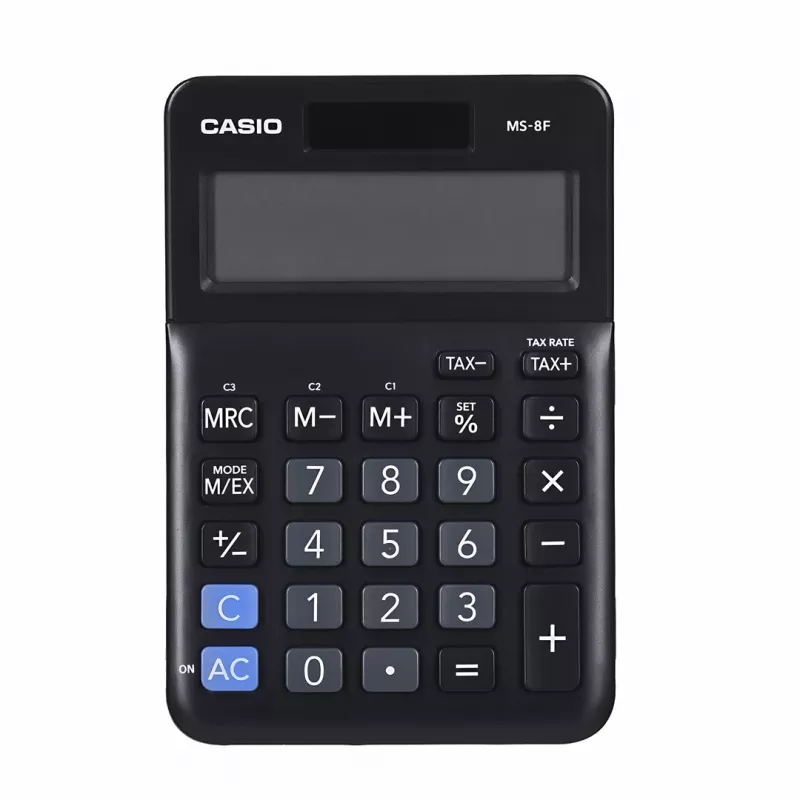 Lauaarvuti põhikalkulaator CASIO MS-8F – 8-kohaline, aku/päikeseenergia, 26 klahvi, valuuta- ja maksufunktsioonid, kasumiarvutus, must
