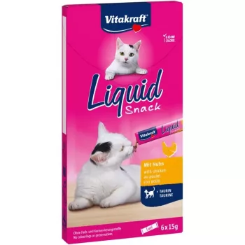 Märg lihapasta kassimaius Vitakraft Liquid Snack 6×15 g — kana ja sealiha, täiskasvanud kassid, suhkru- ja sojavaba