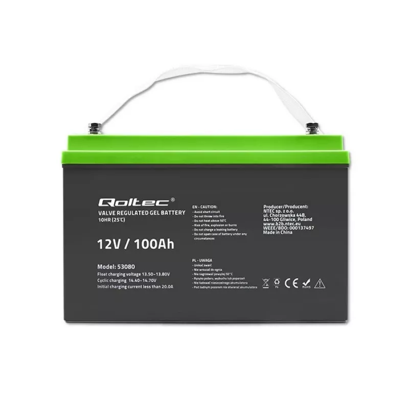 Geelaku QOLTEC 53080 12V 100Ah — suletud laetav aku varutoiteks