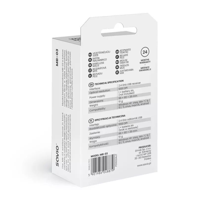 Juhtmevaba hiir SAVIO MB-03, Bluetooth liides, 1000 DPI, AA aku, 99×60×39 mm, 51 g, vastuvõtja kaasas