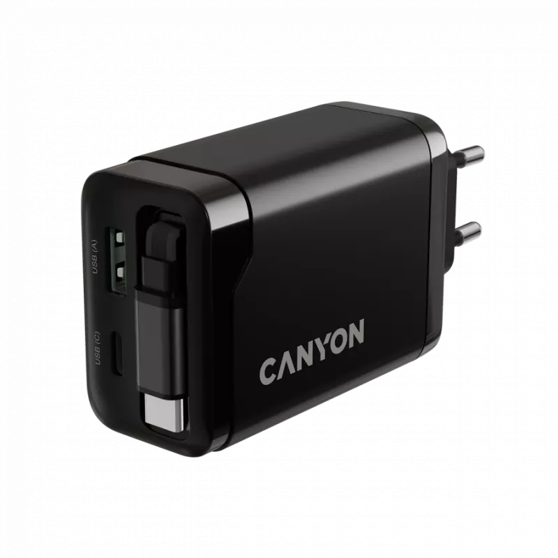 Laadija CANYON OnCharge 65RC sisseehitatud USB-C kaabliga, 65 W, 1x PD, 1x QC, EL-pistik, must