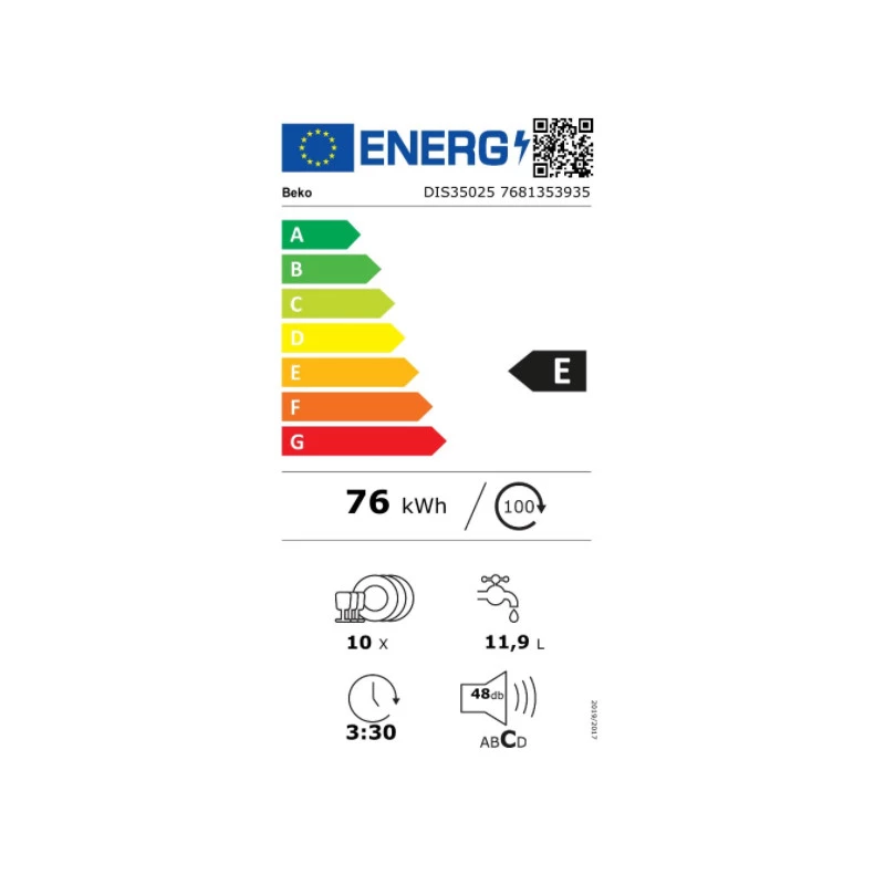BEKO sisseehitatud nõudepesumasin DIS35020, energiaklass E, 45 cm, 5 programmi