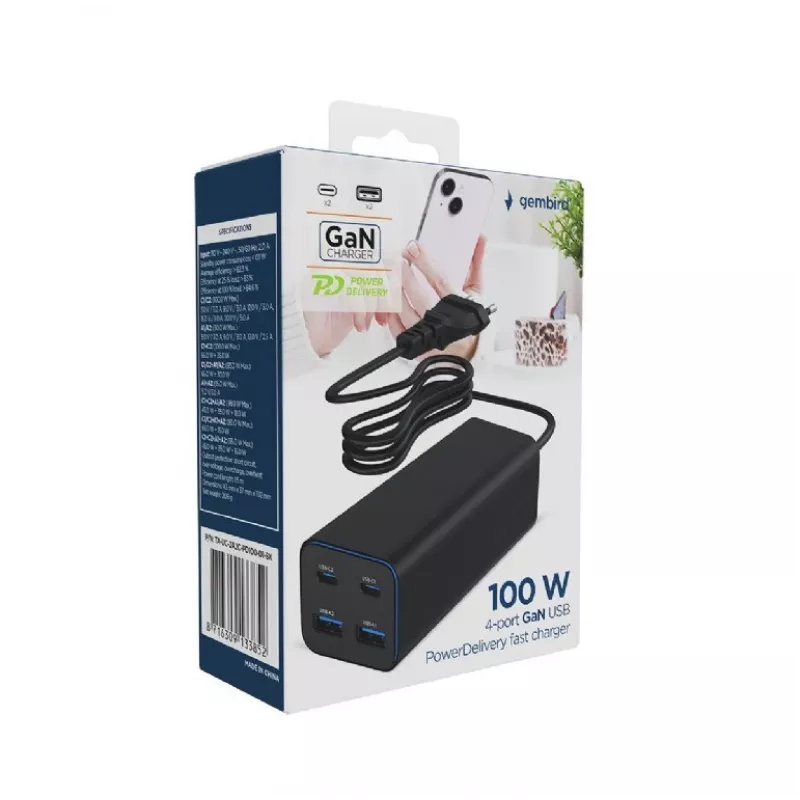 Gembird TA-UC-2A2C-PD100-01-BK laadija sülearvutile ja nutitelefonile, must, kiirlaadimine, sisetingimustesse
