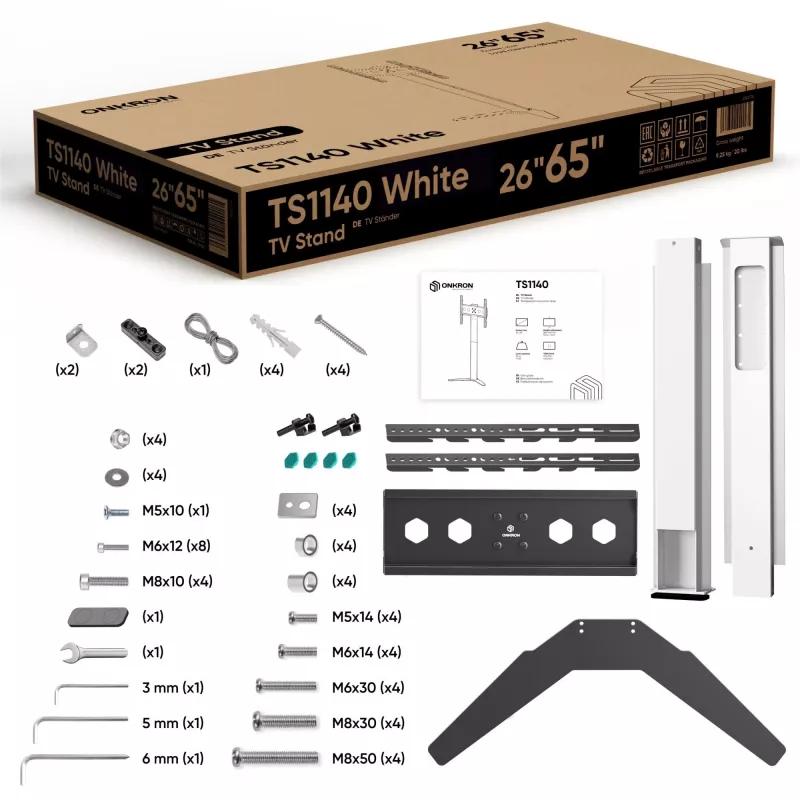 TV-alus/statiiv ONKRON TS1140-W ekraanidele 66–165,1 cm (26–65 tolli), 35 kg, VESA 100x100–400x400, kõrgus 880–1100 mm, valge