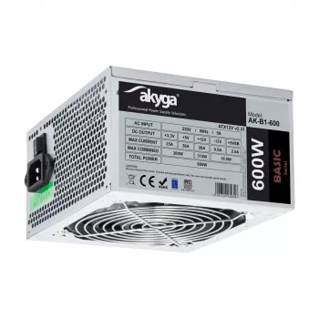 Akyga Basic AK-B1-600 ATX toiteplokk 600 W, 120 mm ventilaator, passiivne PFC, hall