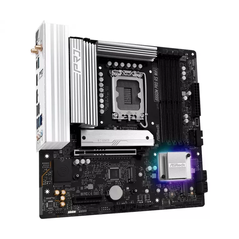 Emaplaat ASRock B860M Pro RS WiFi — Intel B860, LGA 1851, micro ATX, DDR5, 4 DIMM, 3x M.2, 2.5Gb LAN, Wi‑Fi, Bluetooth